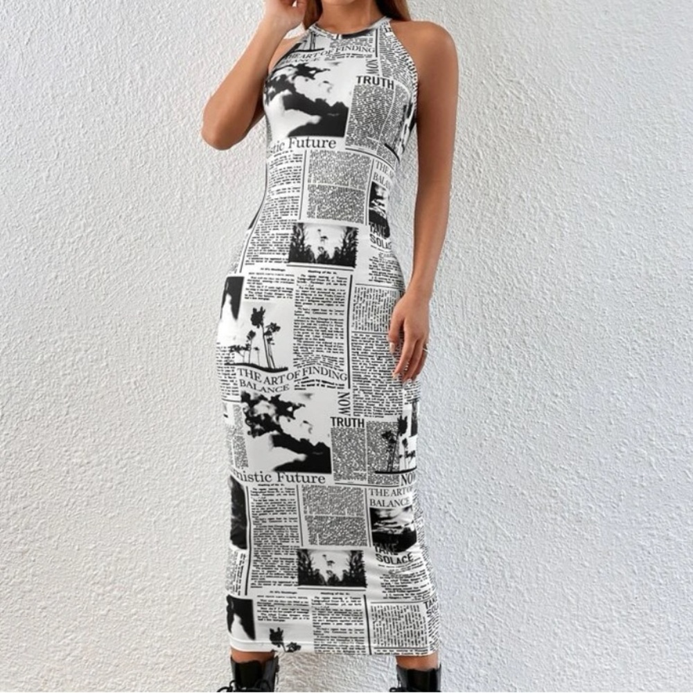Newspaper Print Bodycon Dress